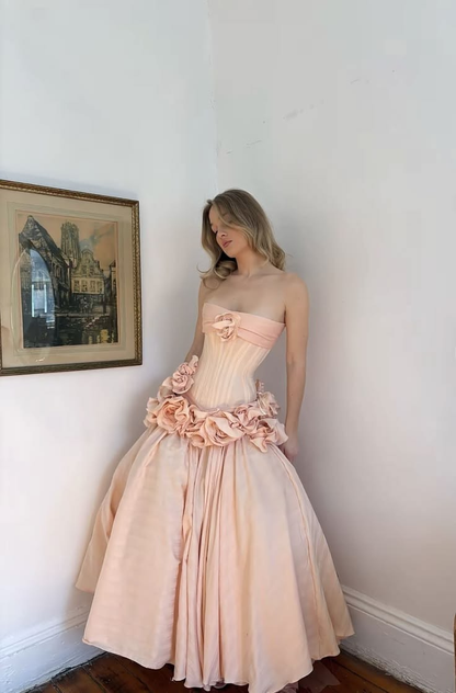 ✨Girlhomeshops-Blush Pink Strapless Corset Midi Prom Dress, 3D Rose Floral Satin Ball Gown gh10224