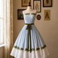 Light Blue White 1950s Vintage Midi Dress, Sleeveless Illusion Neck Floral Embroidery Olive Green Velvet Sash Bow Pleated A‑Line Swing Skirt Party Gown gh9094