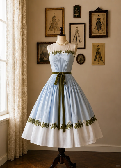 Light Blue White 1950s Vintage Midi Dress, Sleeveless Illusion Neck Floral Embroidery Olive Green Velvet Sash Bow Pleated A‑Line Swing Skirt Party Gown gh9094