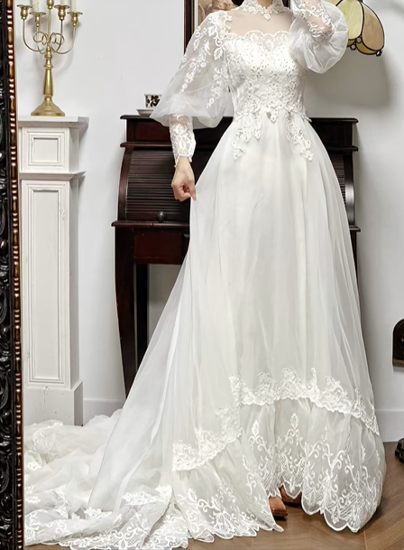 Ivory Vintage Lace Mock‑High‑Neck Puff‑Sleeve Double‑Lace‑Trim Long Train Wedding Dress gh8771