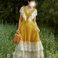 Vintage Yellow V-Neck White Lace Fitted Waist Tiered Cake Skirt Prom & Evening Party Dress gh8495