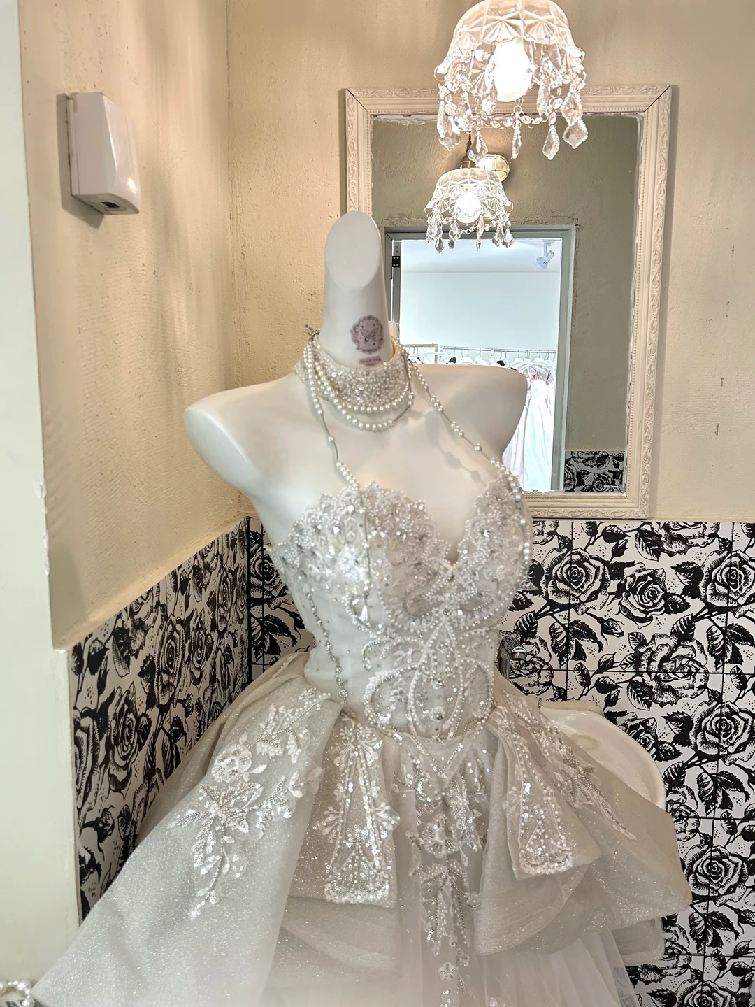 Ivory Strapless Romantic Long Wedding Gown with Silver Decorations, Cinched Waist & Voluminous Full Flared Skirt gh7755