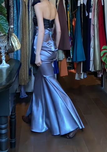Dusty Purple Vintage Prom Dress Strapless Black Tulle Twist Bust Ruched Satin Mermaid Long Evening Gown With Side Slit gh9628