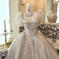 Ivory Puff Sleeve Waist-Cinched Voluminous Princess Skirt Romantic Dress, Wedding Gown gh7612