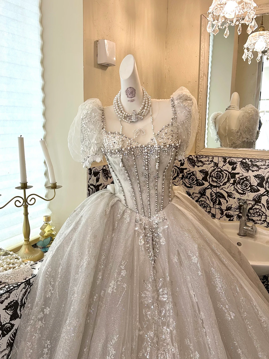 Ivory Puff Sleeve Waist-Cinched Voluminous Princess Skirt Romantic Dress, Wedding Gown gh7612