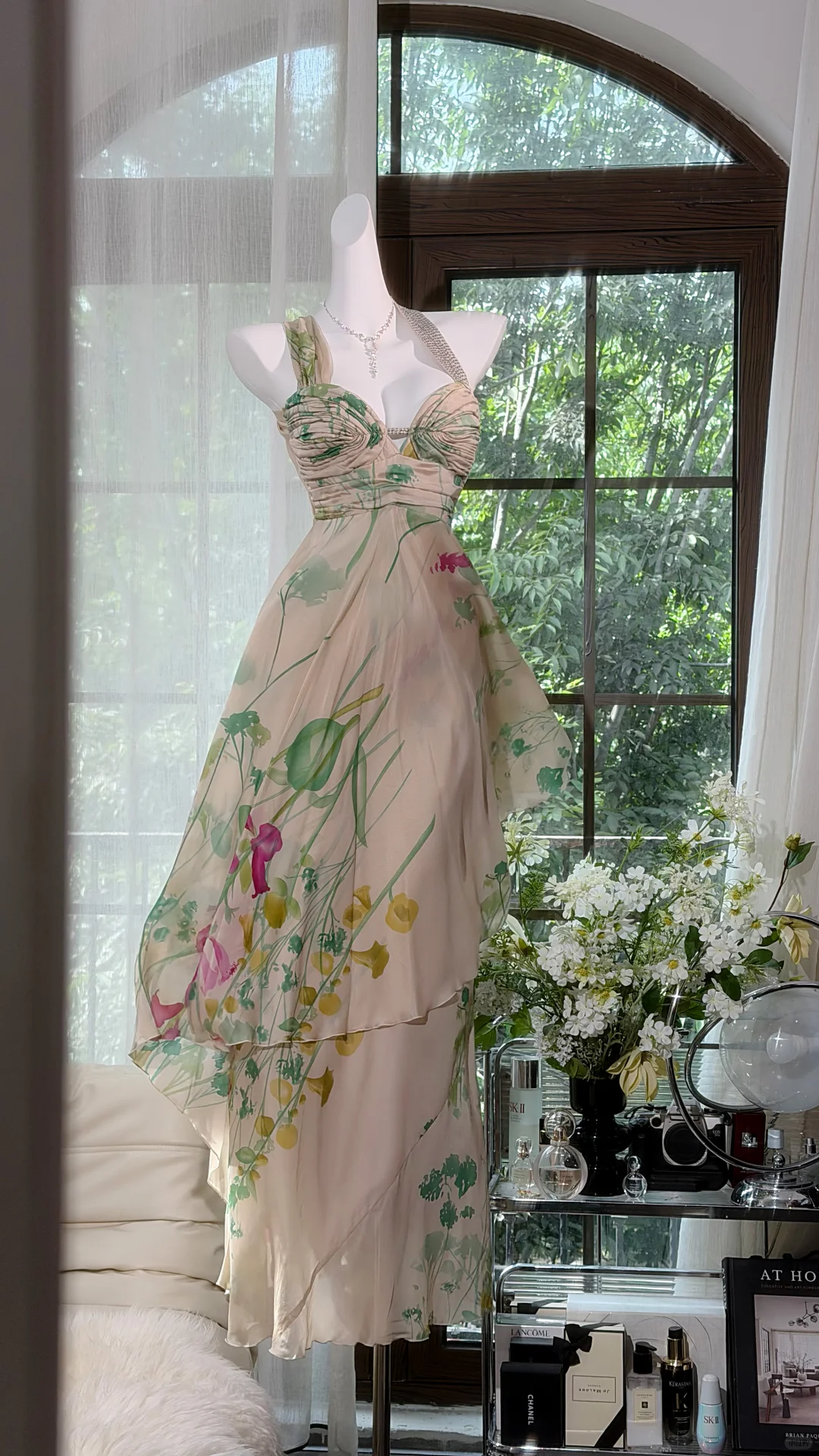Nude Watercolor Floral Print One Shoulder Chiffon Long Evening Dress, Rhinestone Strap A-Line Prom Gown gh9508