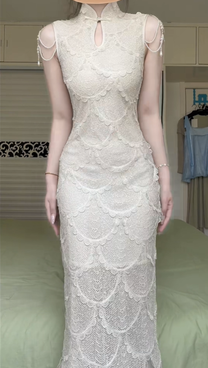 New Chinese Style Cheongsam Long Evening Gown, Ivory Scallop Lace Mermaid Qipao Dress Cold‑Shoulder Tassel Beaded Strap for Banquet Engagement gh8951