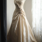 Champagne Spaghetti Strap A‑Line Wedding Dress, Square Neck Draped Ruched Bodice 3D Fabric Rose Appliqué Taffeta Bridal Gown gh9118