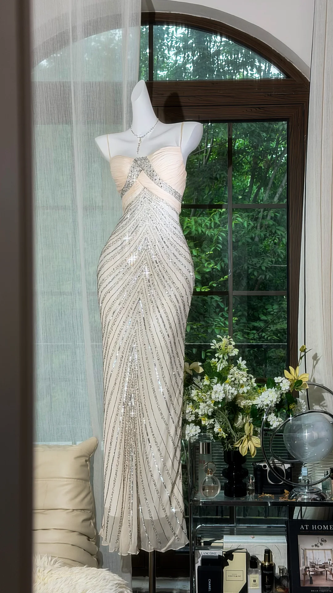 Nude Spaghetti Strap Silver Chevron Sequin Mermaid Evening Dress, Prom Formal Gown gh9510