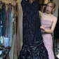 Spaghetti Strap Black Sequin Prom Dress Wide Satin Waist Ruched Ruffle Lace Tiered Formal Evening Gown gh9805