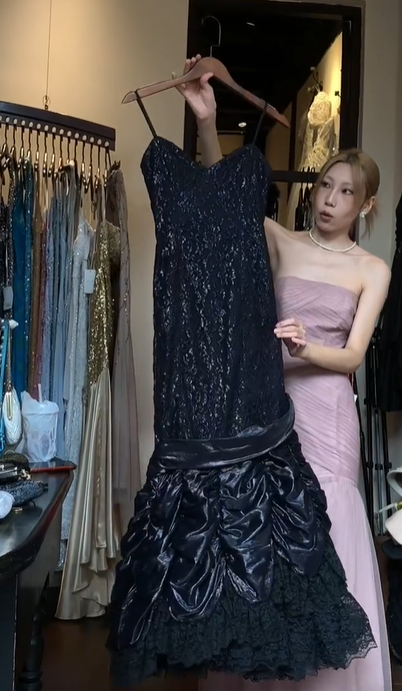 Spaghetti Strap Black Sequin Prom Dress Wide Satin Waist Ruched Ruffle Lace Tiered Formal Evening Gown gh9805