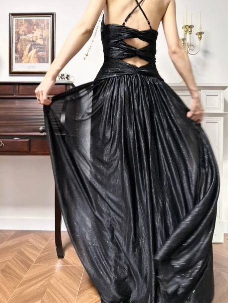Black Glitter‑Mesh Spaghetti‑Strap Twist‑Knot A‑Line Floor‑Length Vintage Evening Prom Gown gh8790