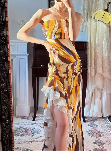 Vintage‑Abstract‑Oil‑Print‑Gown Strapless‑Bandeau Side‑Drawstring‑Ruched High‑Slit‑Ruffled‑Asymmetrical‑Hem Swirl‑Print‑Chiffon‑Fabric Boho‑Maxi‑Evening‑Party‑Dress gh8837