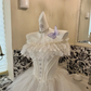 Ivory Off-the-Shoulder Cinched Waist Figure-Flattering Voluminous Short Romantic Dress, Wedding Gown gh7800