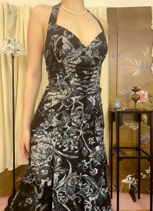 Black Base Grey Ink Floral Halter Fitted Waist Slim Elegant Prom Gown, Evening Party Dress gh8403