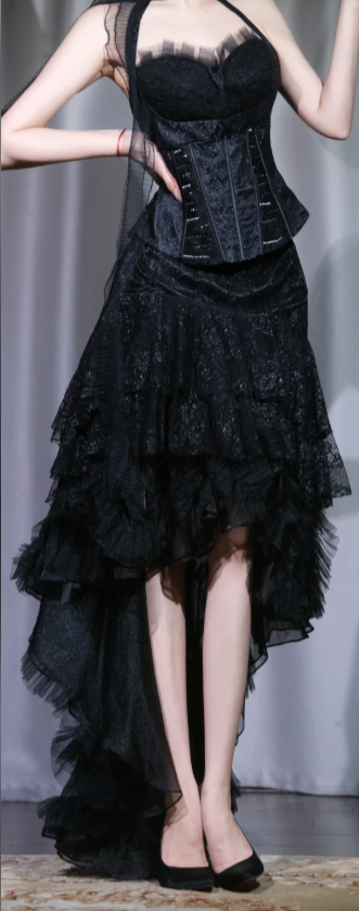 ✨Girlhomeshops-Black Gothic 2 Piece Evening Gown, Halter Corset Top High Low Tiered Tulle Prom Dress gh9941