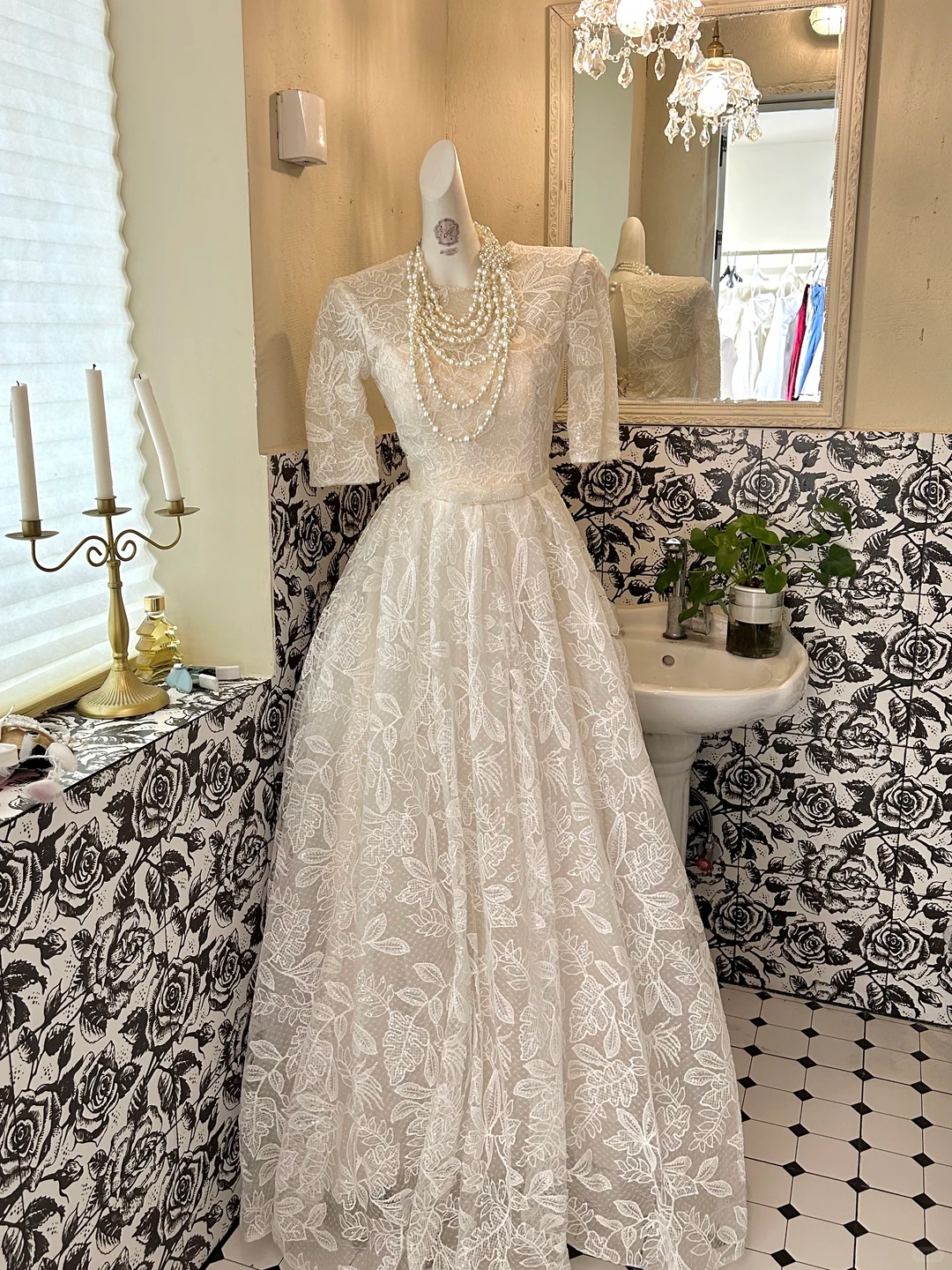 Ivory Mid-Long Sleeve Lace Waist-Cinched Full Flared Skirt Elegant Romantic Dress, Wedding Gown gh7630