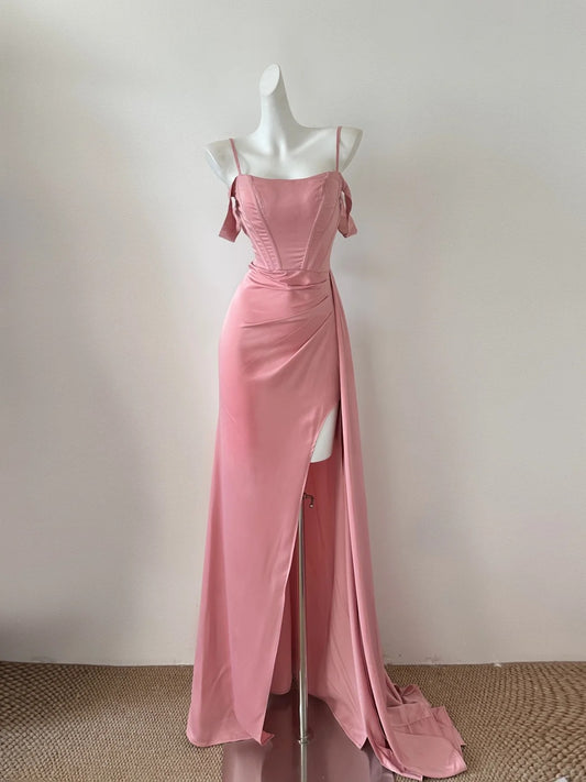 Pink Sweet Fashion Elegant Long Floor Length Satin Sexy Slit Ball Gown Evening Dress Party Dress Prom Dress gh4050
