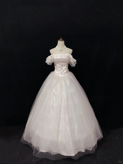 Blush Pink Off-the-Shoulder Vintage Elegant Romantic Gown, Cinched Waist, Voluminous Flared Skirt, Wedding Dress & Bridal Gown gh8138