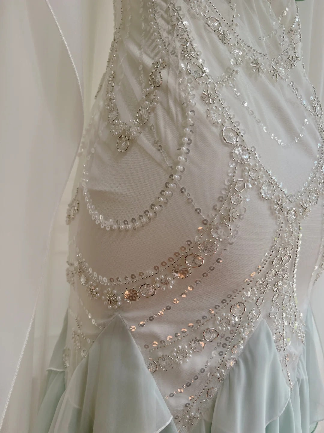 Mint Green Beaded Flowing Long Chiffon Ball Gown Birthday Party Dress Evening Dress gh4407