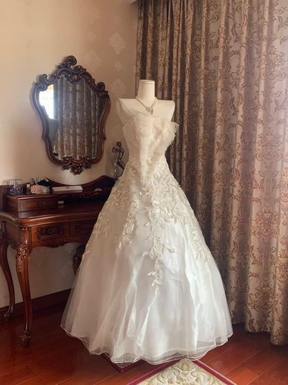 Ivory Strapless Sequin Fitted Waist Voluminous Skirt Prom Gown, Birthday Dress, Bridal Wedding Gown gh7269