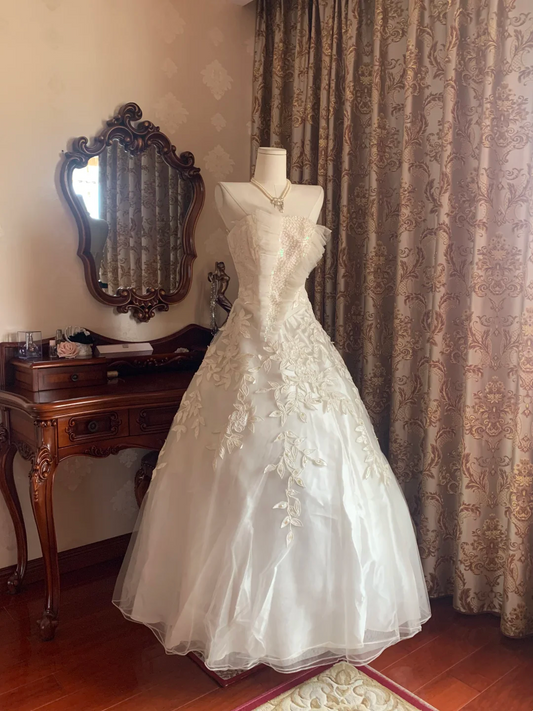 Ivory Strapless Sequin Fitted Waist Voluminous Skirt Prom Gown, Birthday Dress, Bridal Wedding Gown gh7269