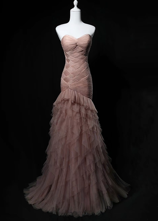 Light Pink Strapless Waist-Cinched Bodycon Sexy Long Evening Dress, Fairy Gown, Romantic Gown gh7469