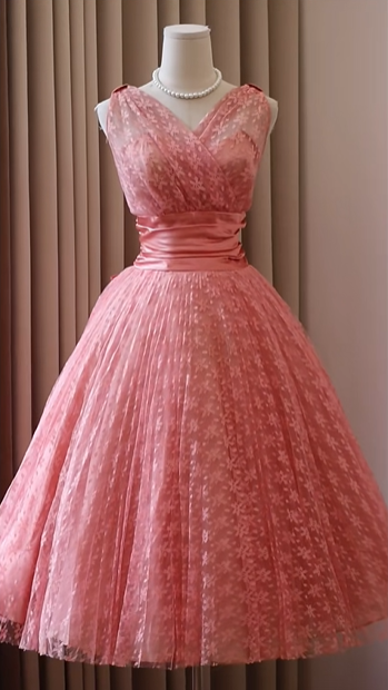 Dusty Pink Wrap V Neck Floral Tulle Tea Length Prom Dress Satin Waist A-Line Vintage Formal Party Gown gh9454