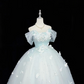 Light Blue Off-the-Shoulder Cinched Waist Voluminous Butterfly Hem Romantic Dress, Wedding Gown gh7958