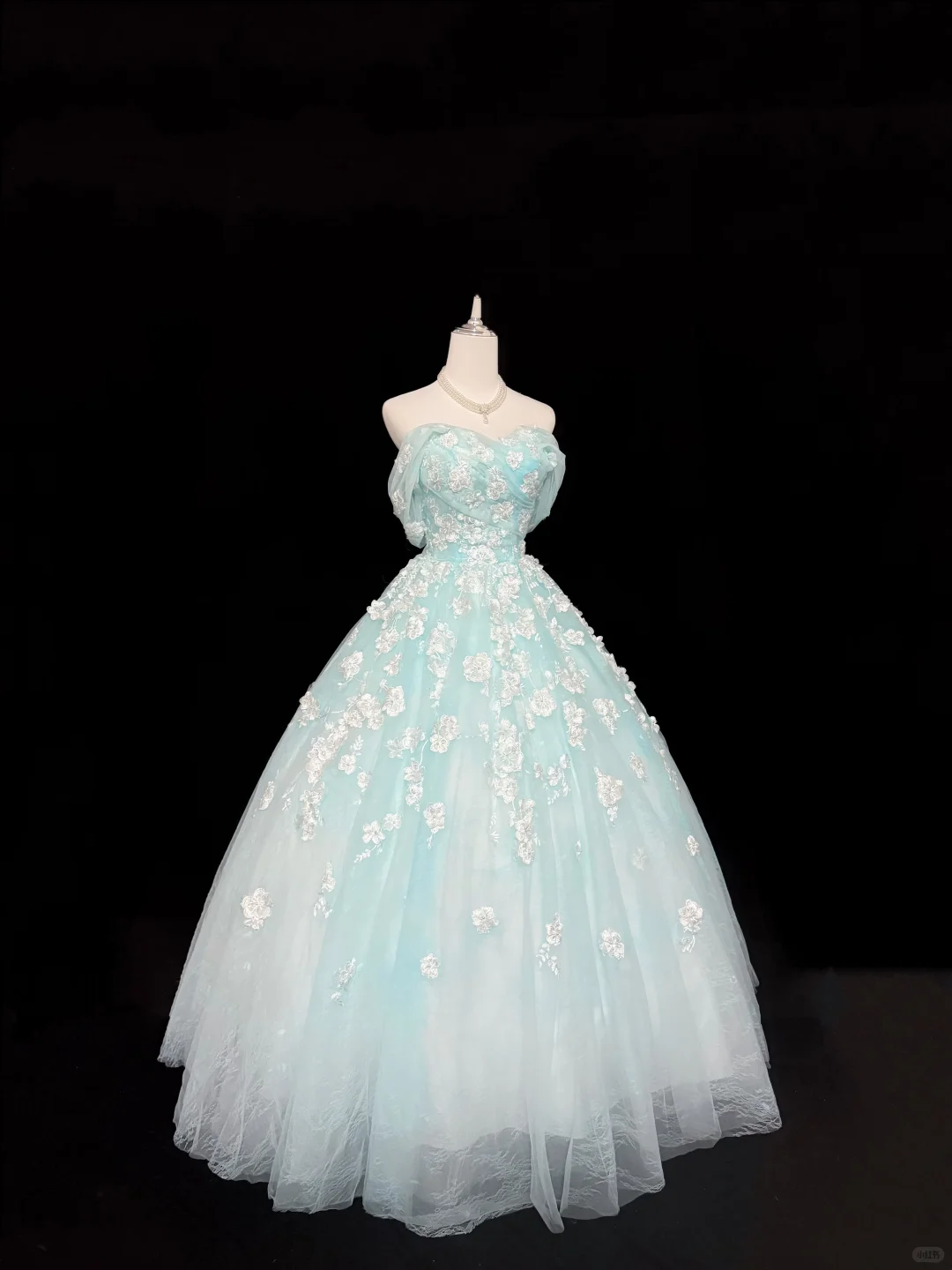 Light Blue Strapless Cinched Waist Embroidered Voluminous Skirt Long Romantic Dress, Wedding Gown gh7918