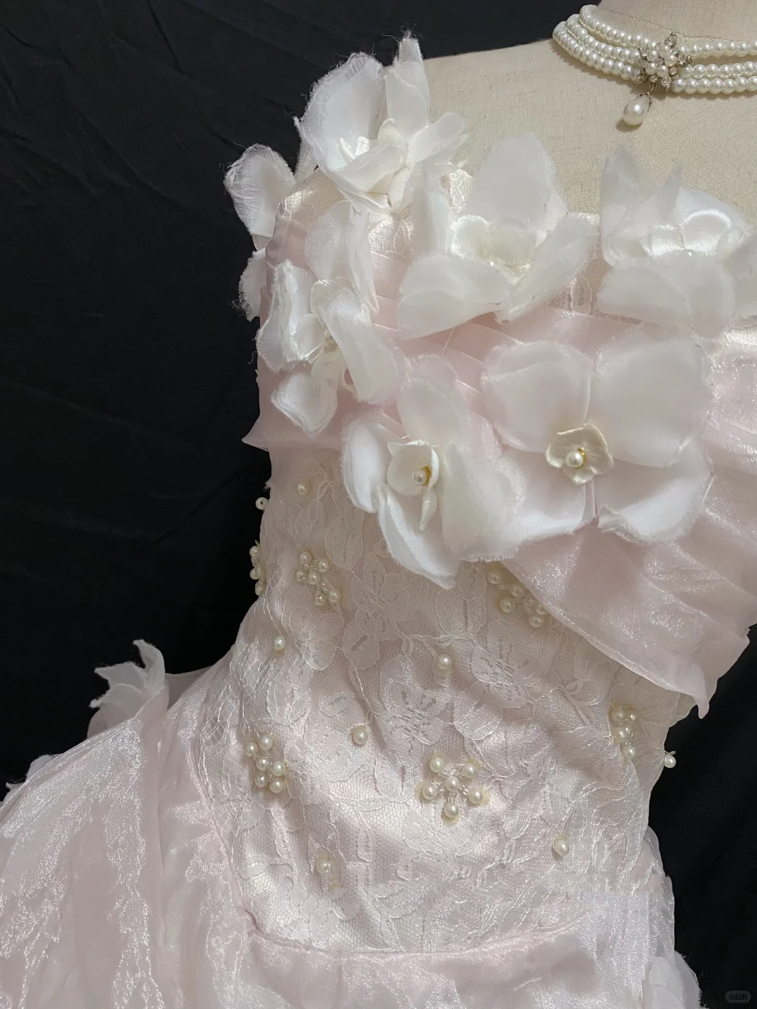 Blush Pink Floral Strapless Wedding Dress, Cinched Waist, Tiered Cake Skirt gh8269
