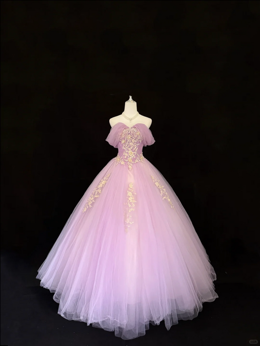 Lavender Off-the-Shoulder Cinched Waist Voluminous Tulle Skirt Romantic Dress, Wedding Gown gh7835