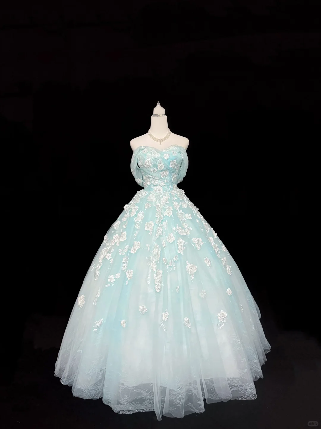 Light Blue Strapless Cinched Waist Embroidered Voluminous Skirt Long Romantic Dress, Wedding Gown gh7918