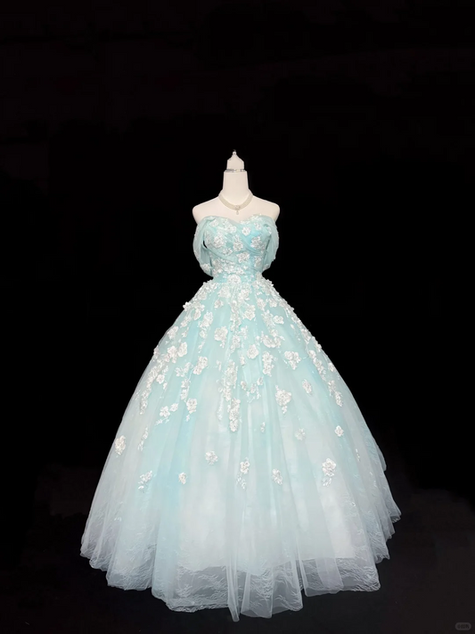 Light Blue Strapless Cinched Waist Embroidered Voluminous Skirt Long Romantic Dress, Wedding Gown gh7918