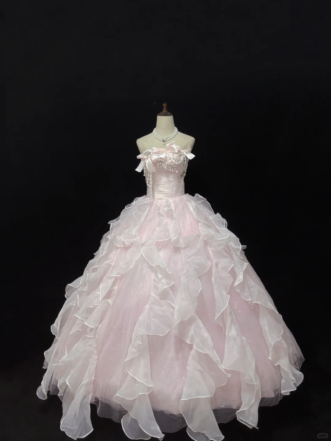 Blush Pink Strapless Long Romantic Dress with Beaded Embellishments, Cinched Waist & Voluminous Tiered Skirt, Wedding Gown gh8094