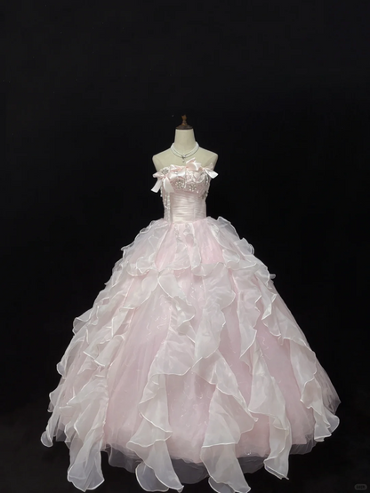 Blush Pink Strapless Long Romantic Dress with Beaded Embellishments, Cinched Waist & Voluminous Tiered Skirt, Wedding Gown gh8094