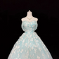 Light Blue Strapless Cinched Waist Embroidered Voluminous Skirt Long Romantic Dress, Wedding Gown gh7918