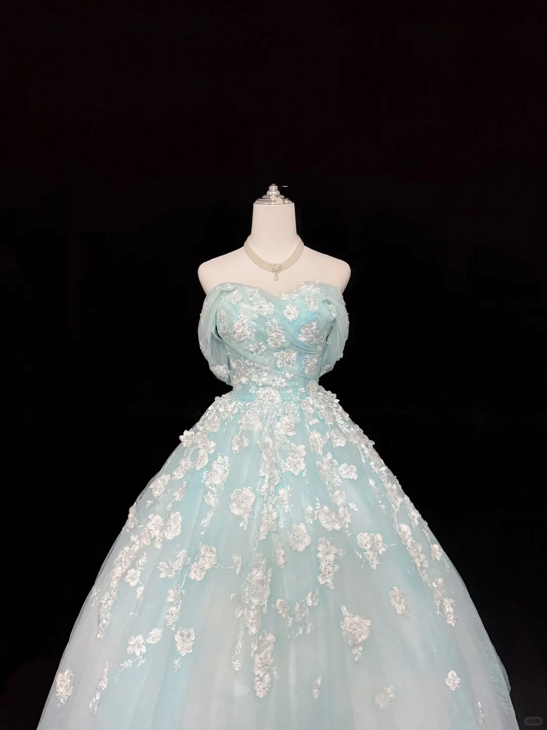 Light Blue Strapless Cinched Waist Embroidered Voluminous Skirt Long Romantic Dress, Wedding Gown gh7918