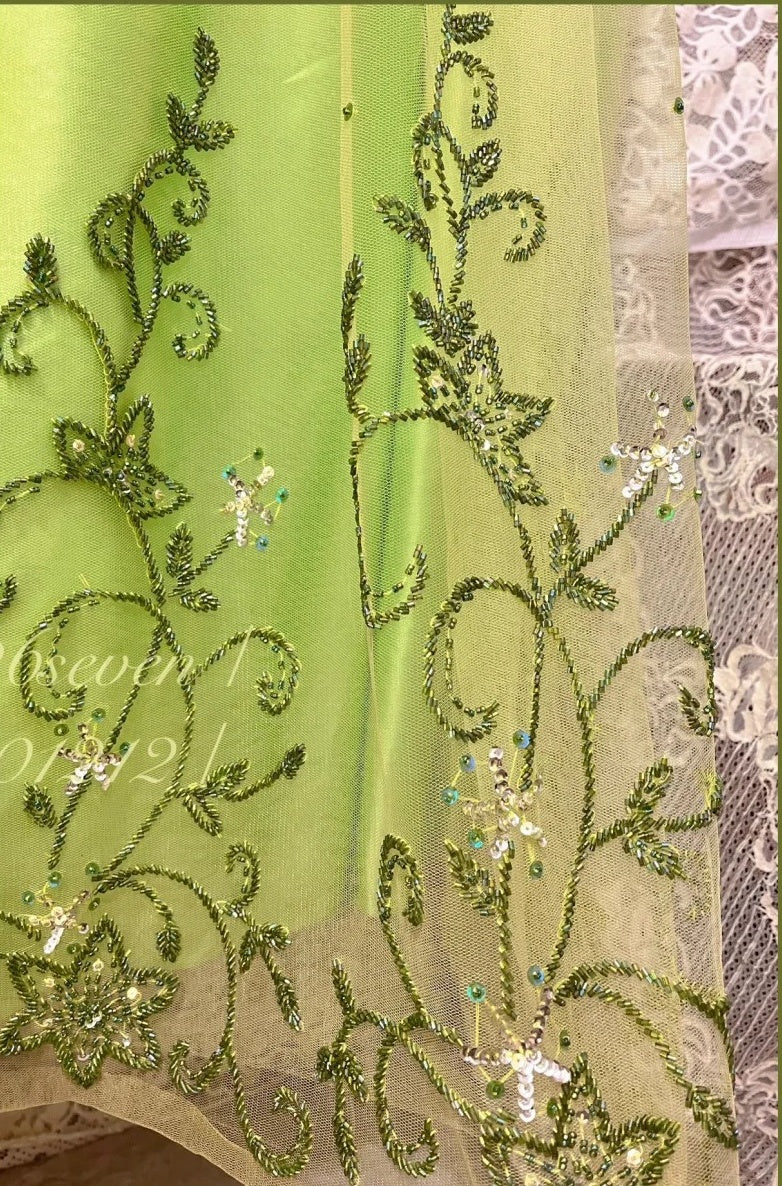 Robe de soirée longue en satin et tulle, style vintage, verte, exquise, perlée, motif floral, gh4433