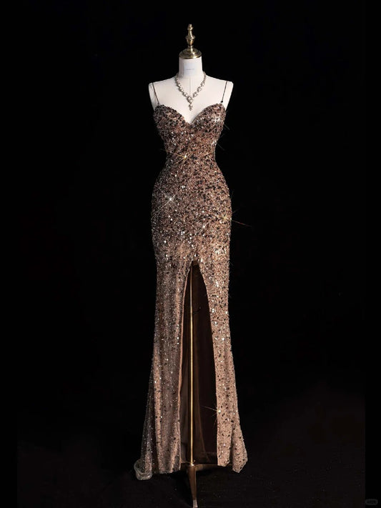 Brown Gold sequins shiny gorgeous elegant beautiful spaghetti straps long sexy slit sequins floor-length ball gown evening dress gh4113