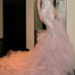 Robe de soirée sirène longue en mousseline rose, luxueuse et ornée de perles, coupe ajustée, gh6758