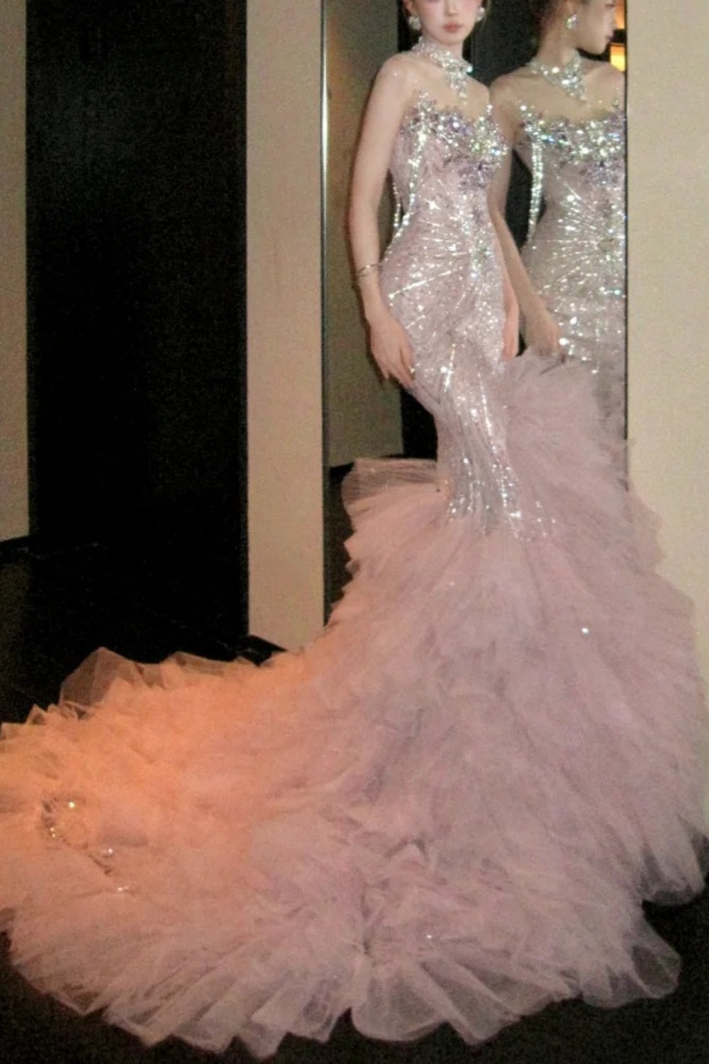 Robe de soirée sirène longue en mousseline rose, luxueuse et ornée de perles, coupe ajustée, gh6758