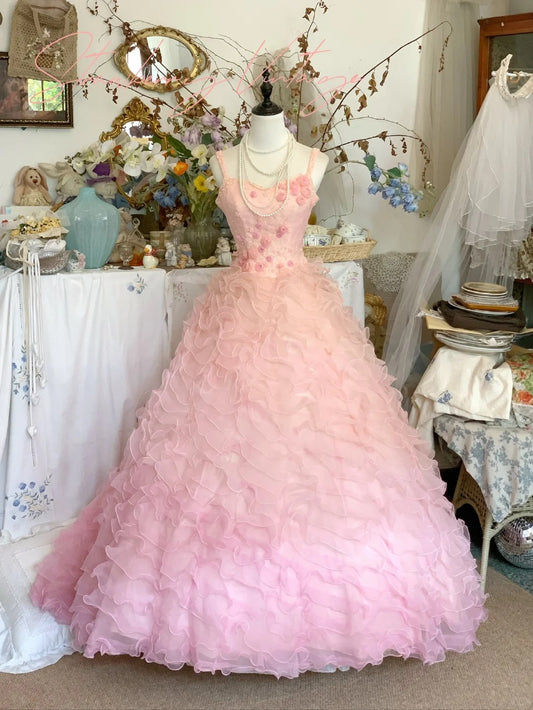 Rosa Blumen Langes Tüll Ballkleid Abendkleid Quinceanera Kleider Brautkleid gh4578