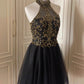 Robe de soirée courte en tulle ornée de perles noires, robe de bal, robe de fête d'anniversaire, gh4848