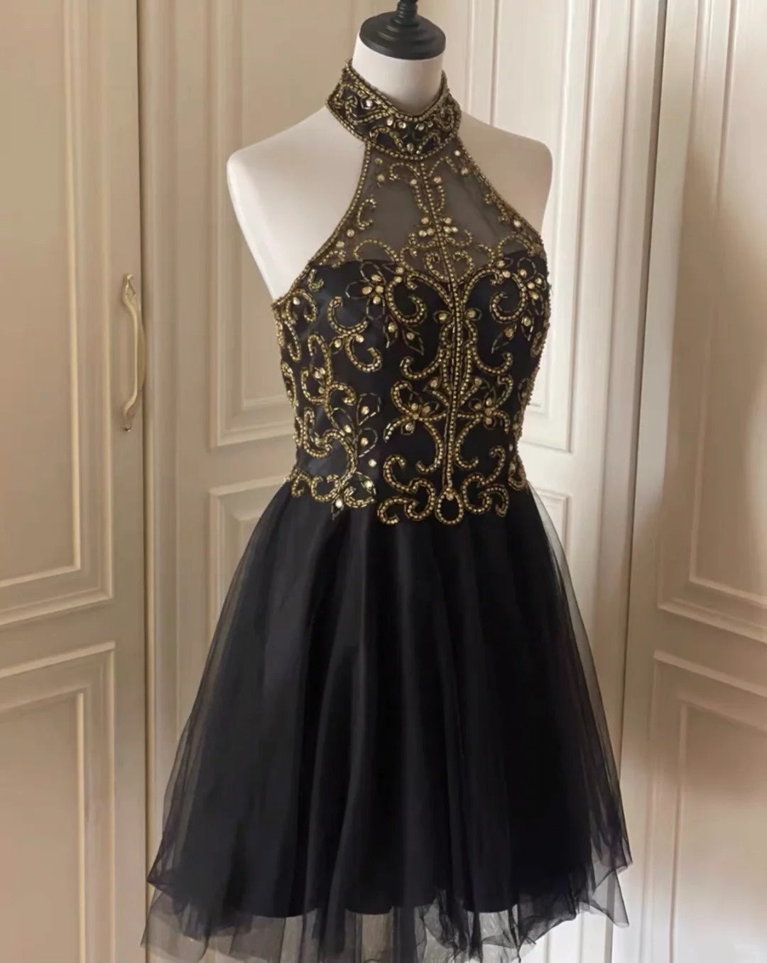 Robe de soirée courte en tulle ornée de perles noires, robe de bal, robe de fête d'anniversaire, gh4848