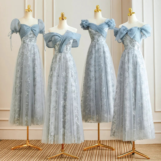 Blue Romantic Elegant Delicate Floral Long Tulle Ball Gown Evening Dress Party Dress Bridesmaid Dress Prom Dress gh3995