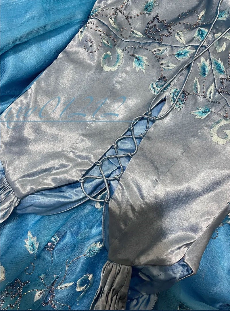 Blaues Blumenkleid, elegantes langes Satin-Ballkleid, Abendkleid, Partykleid, Brautjungfernkleider gh4464