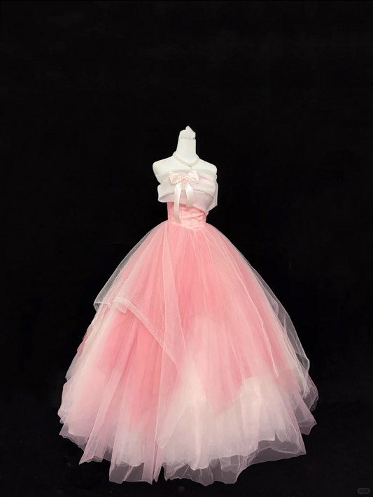 Blush Pink Butterfly Girly Strapless Cinched Waist Voluminous Skirt Romantic Dress, Wedding Gown gh7870