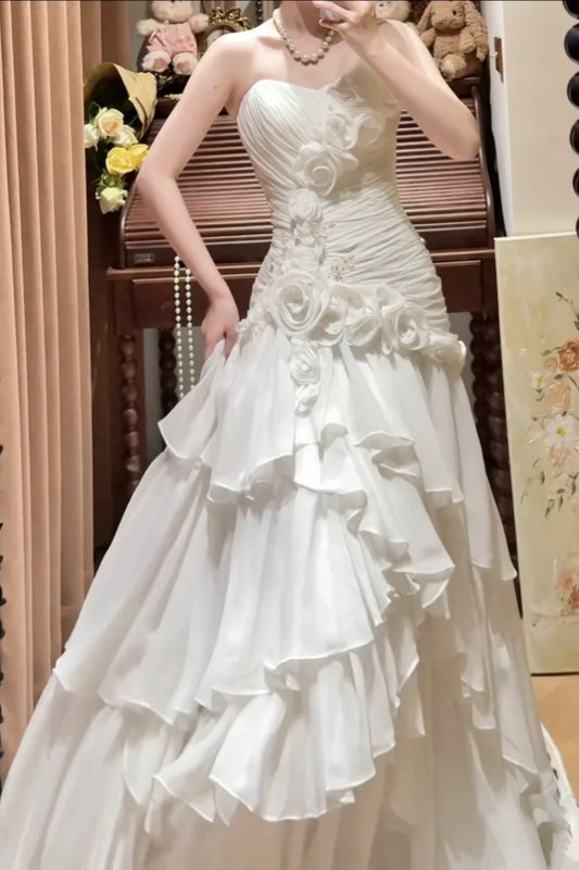 girlhomeshops-Weißes herzförmiger Ausschnitt, Blumenmuster, lang, Tüll, Prinzessin, formelles Ballkleid, Abschlusskleid, Abendkleid, Hochzeitskleid, gh5976