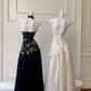 Schwarz/Weiß Vintage Langes Satin Ballkleid Geburtstagspartykleid Abendkleid gh4410
